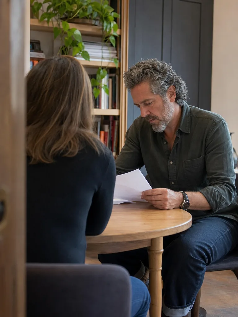 Executive coach reviewing printed session notes with a client in a small meeting room