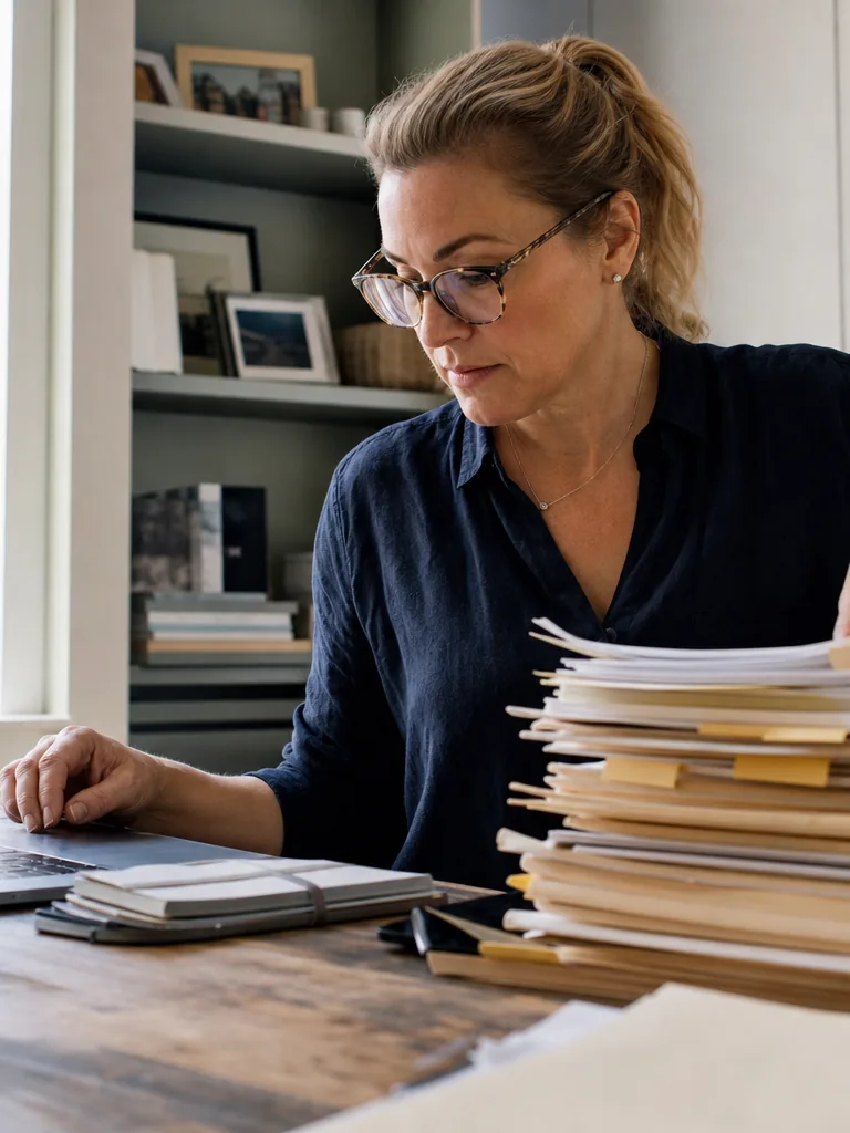 Management consultant at a desk sorting a tall stack of client folders beside a laptop