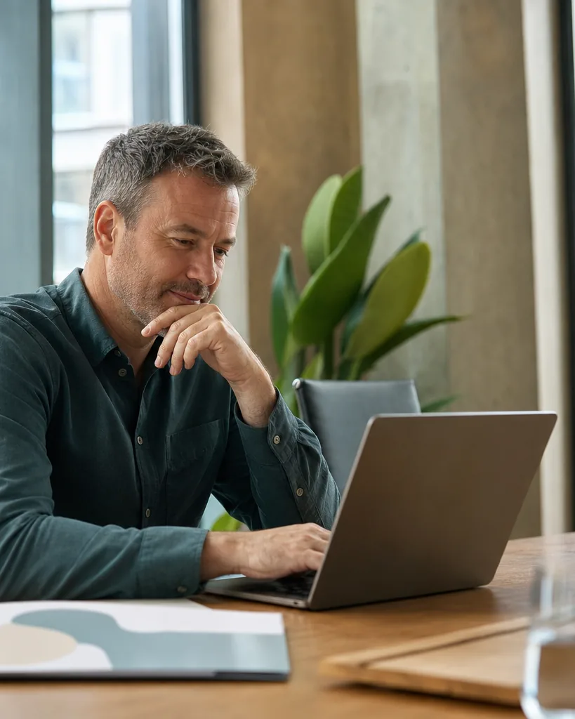 Client in a conference room reading answers on a laptop next to a printed proposal