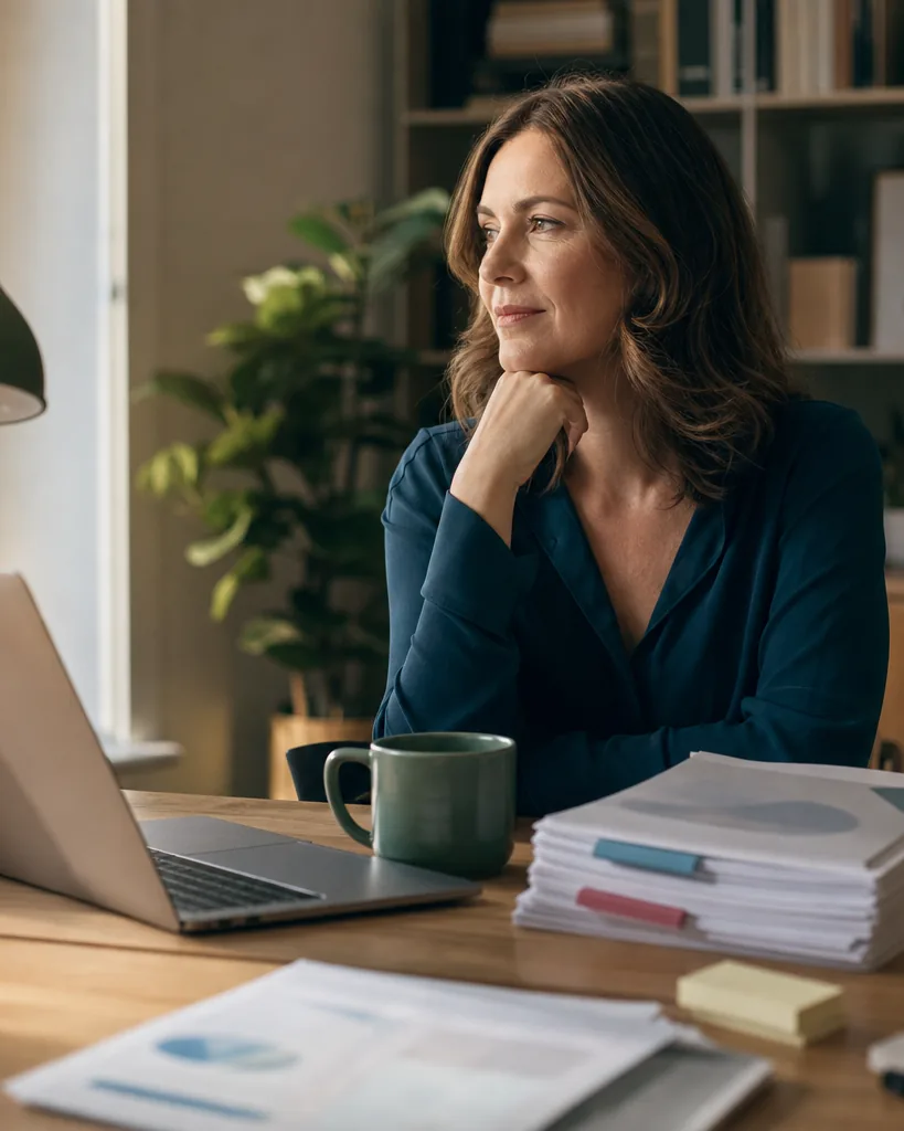 Consultant at a home office desk with printed client reports and a laptop