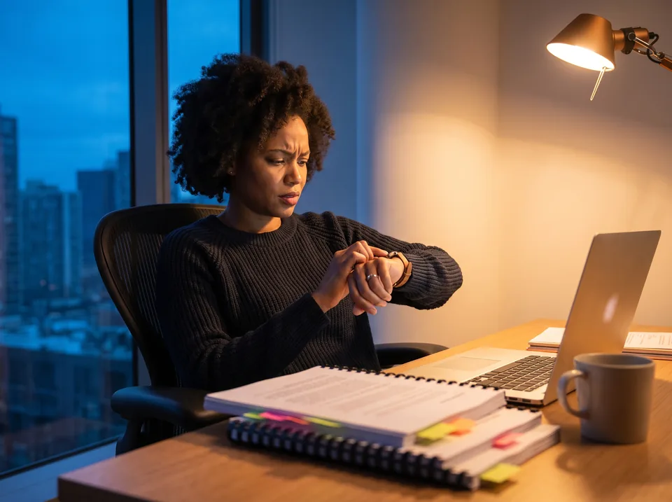 Research analyst working late with printed reports and a laptop