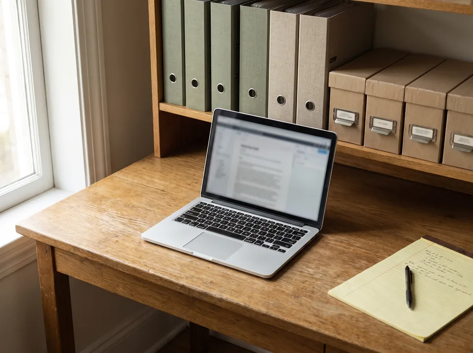 Shelves of client binders next to a laptop on a consultant's desk