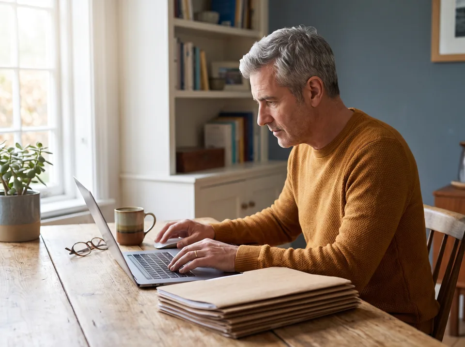 Consultant working through his own files on a laptop in a home office