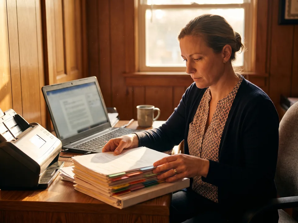 Paralegal sorting a tall stack of printed case documents beside a laptop