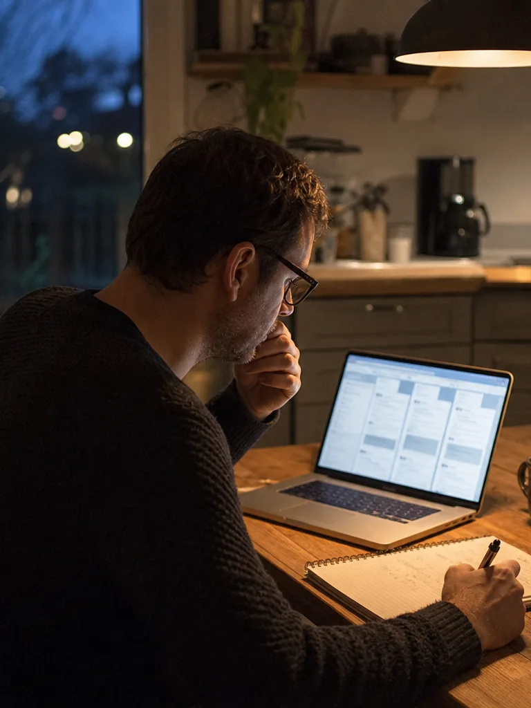Professional comparing software costs on a laptop with a notepad of yearly totals