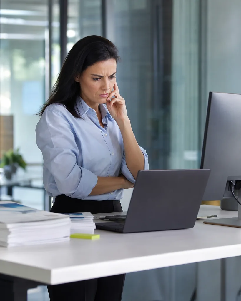Research analyst at a standing desk with printed industry reports and a laptop