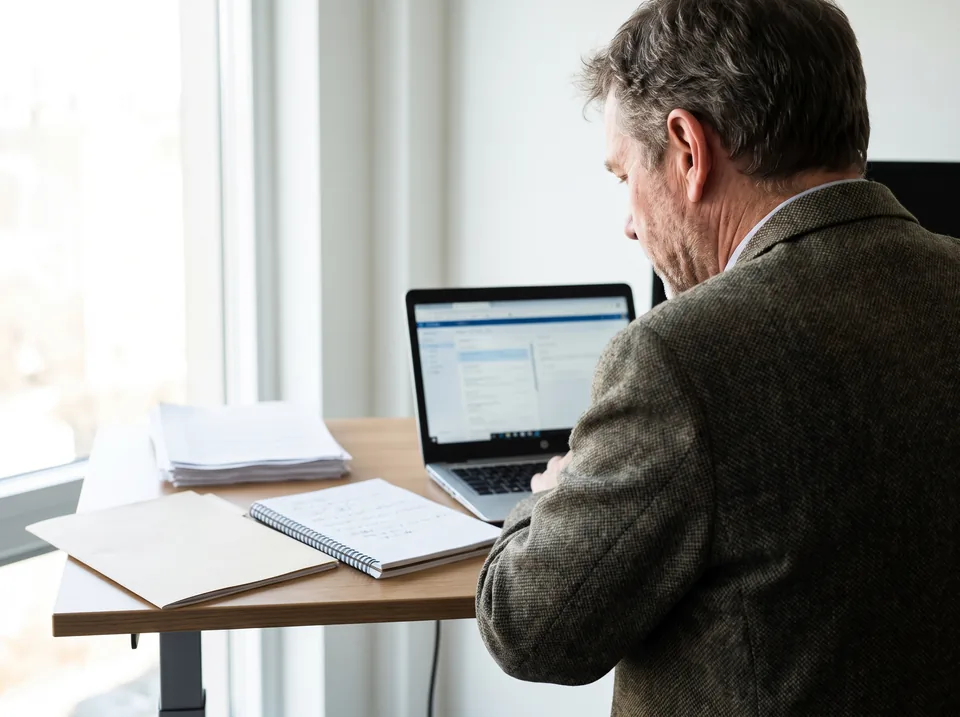 Professional asking questions about his own documents on a laptop