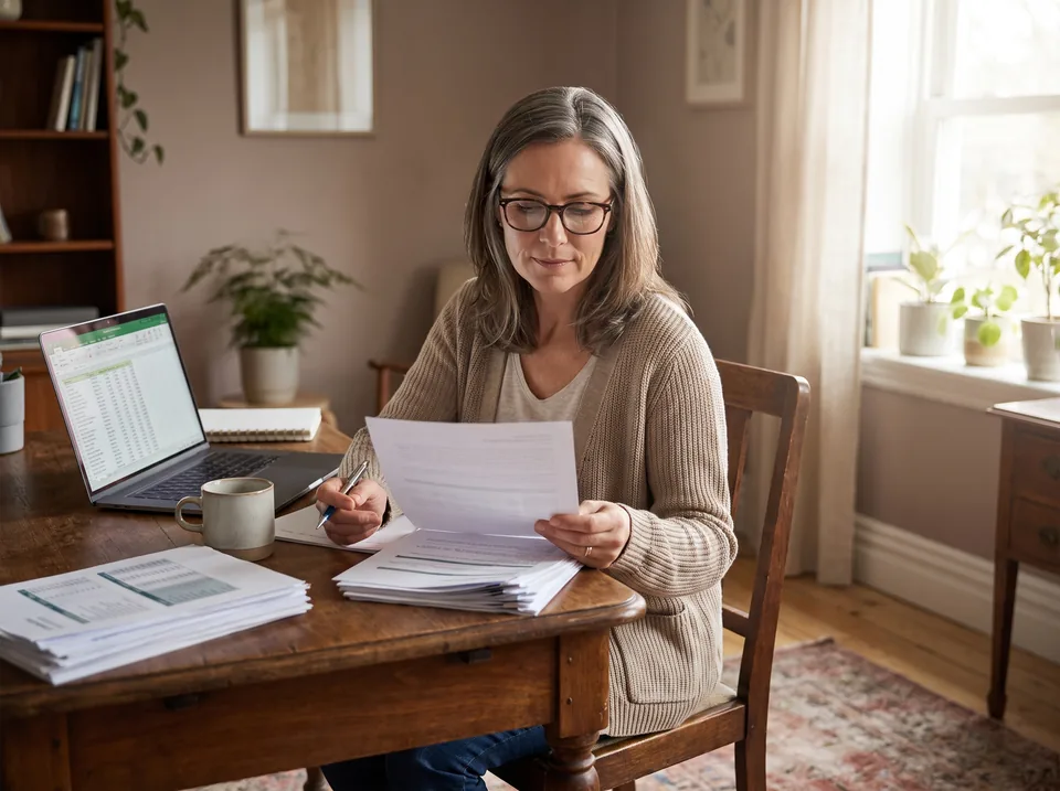 Independent consultant reviewing her own reports at a home office desk